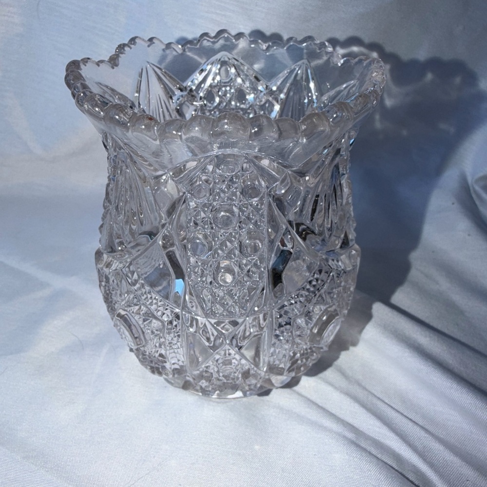 Vintage EAPG Cut Glass Small Vase Hobstar & Fan Pattern Scalloped Sawtooth Rim - Picture 1 of 8